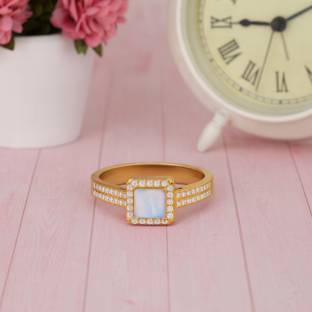 Moonstone Square Bold Double Band Ring - Sterling Silver