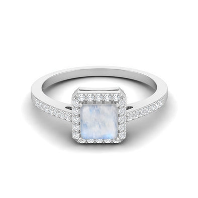 Natural Moonstone Halo Engagement Ring 925 Sterling Silver Square Shaped Wedding Ring
