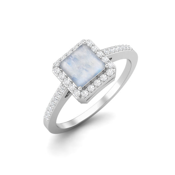 Natural Moonstone Halo Engagement Ring 925 Sterling Silver Square Shaped Wedding Ring