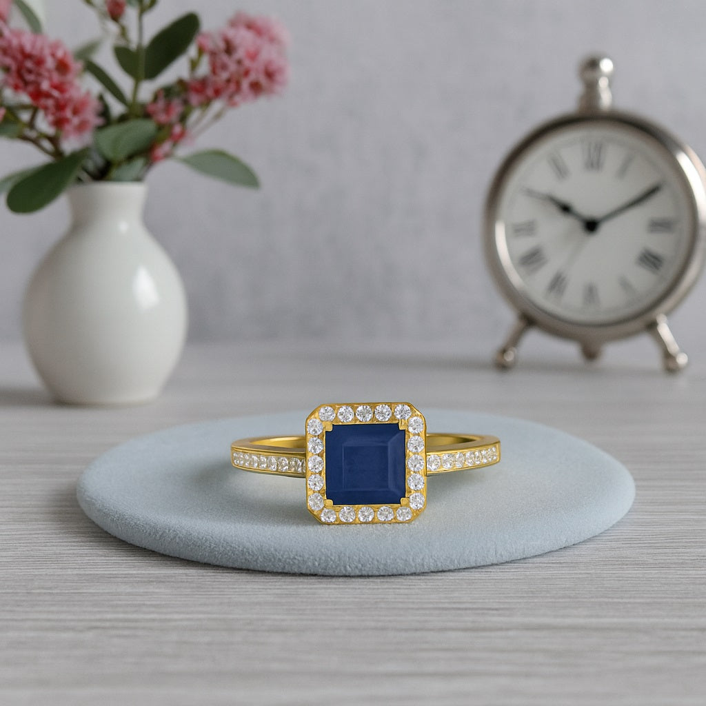 Blue Sapphire Square 1.3 Ct Halo Pavé Band Ring – 14k Yellow Gold