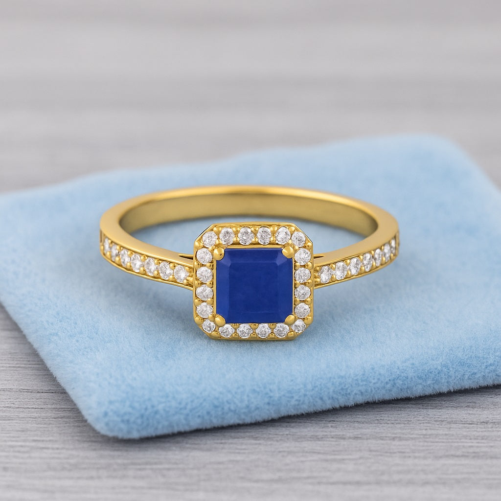 Blue Sapphire Square 1.3 Ct Halo Pavé Band Ring – 14k Yellow Gold
