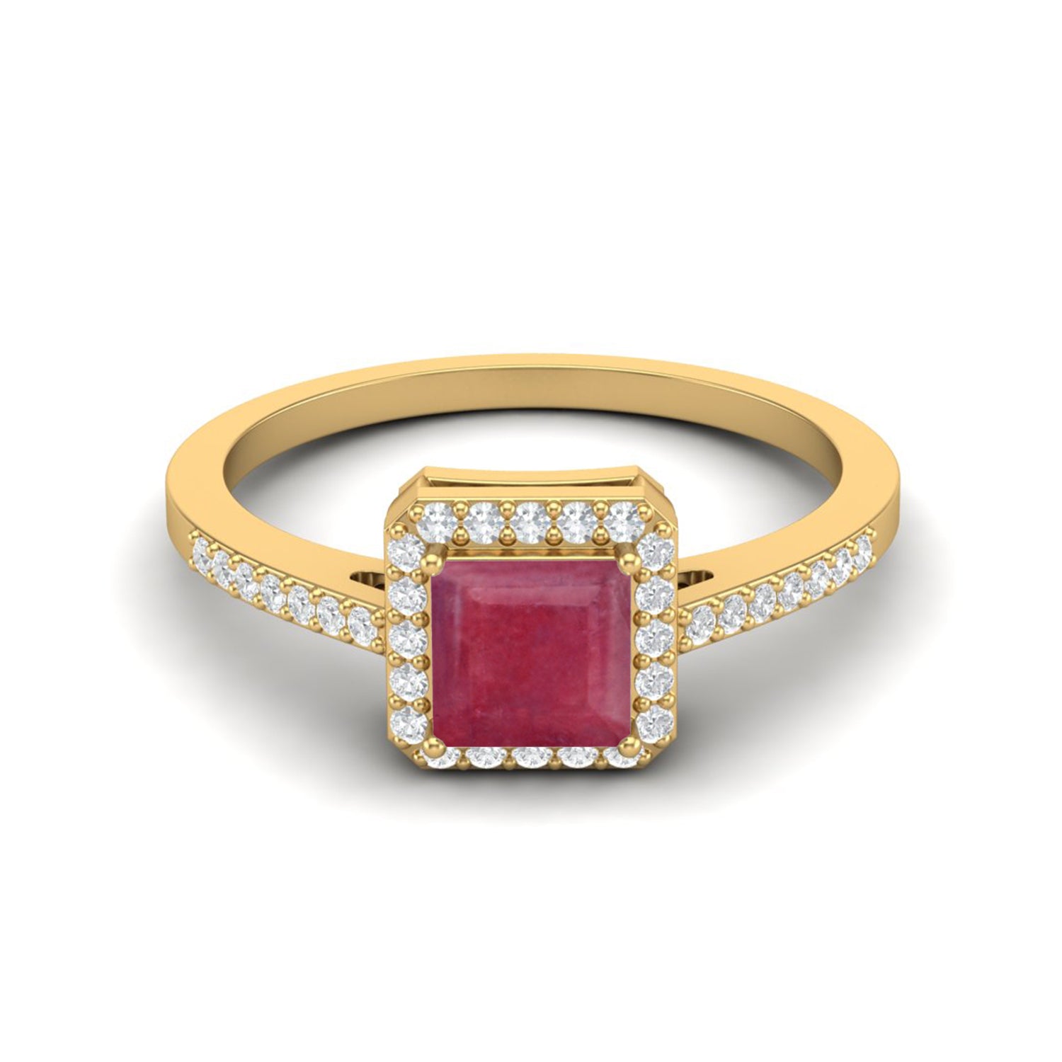 Ruby 1.30 Ct Square Solitaire with Accents Ring – 14K Yellow Gold