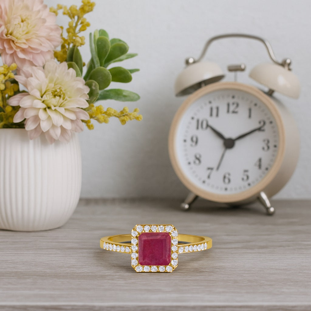 Ruby 1.30 Ct Square Solitaire with Accents Ring – 14K Yellow Gold