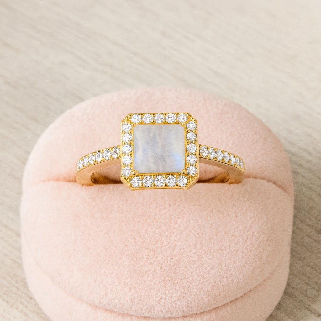 Moonstone Square Halo Ring - Sterling Silver
