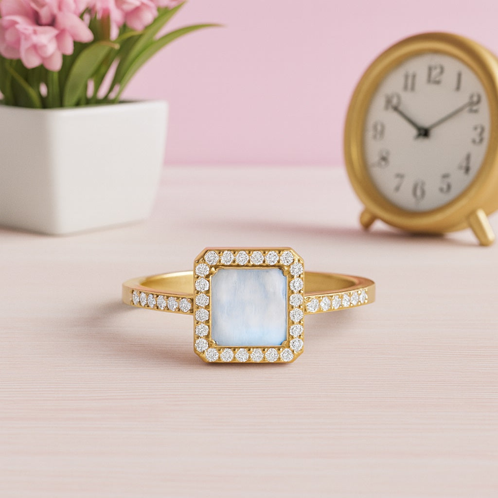 Moonstone Square Halo Ring - Sterling Silver