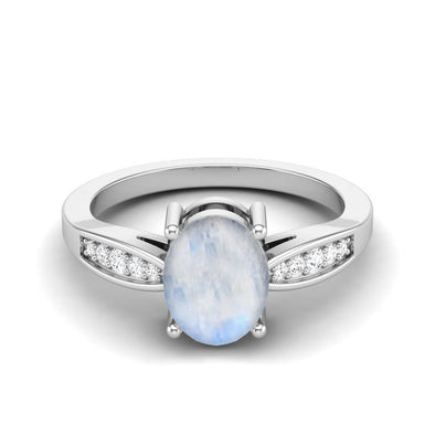 8X6 MM Natural Moonstone Engagement Ring 925 Sterling Silver Solitaire Side Stone Dainty Wedding Ring