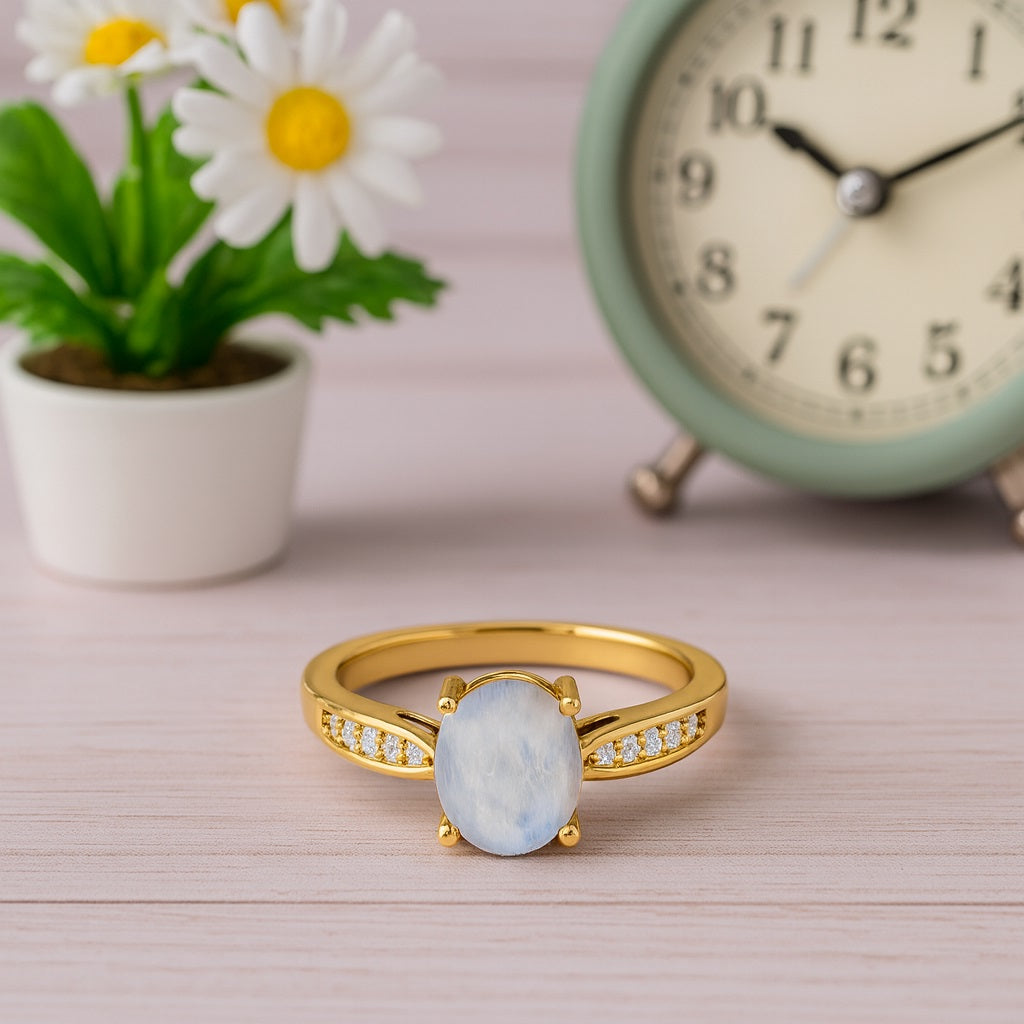 Moonstone Oval Solitaire Ring - Sterling Silver