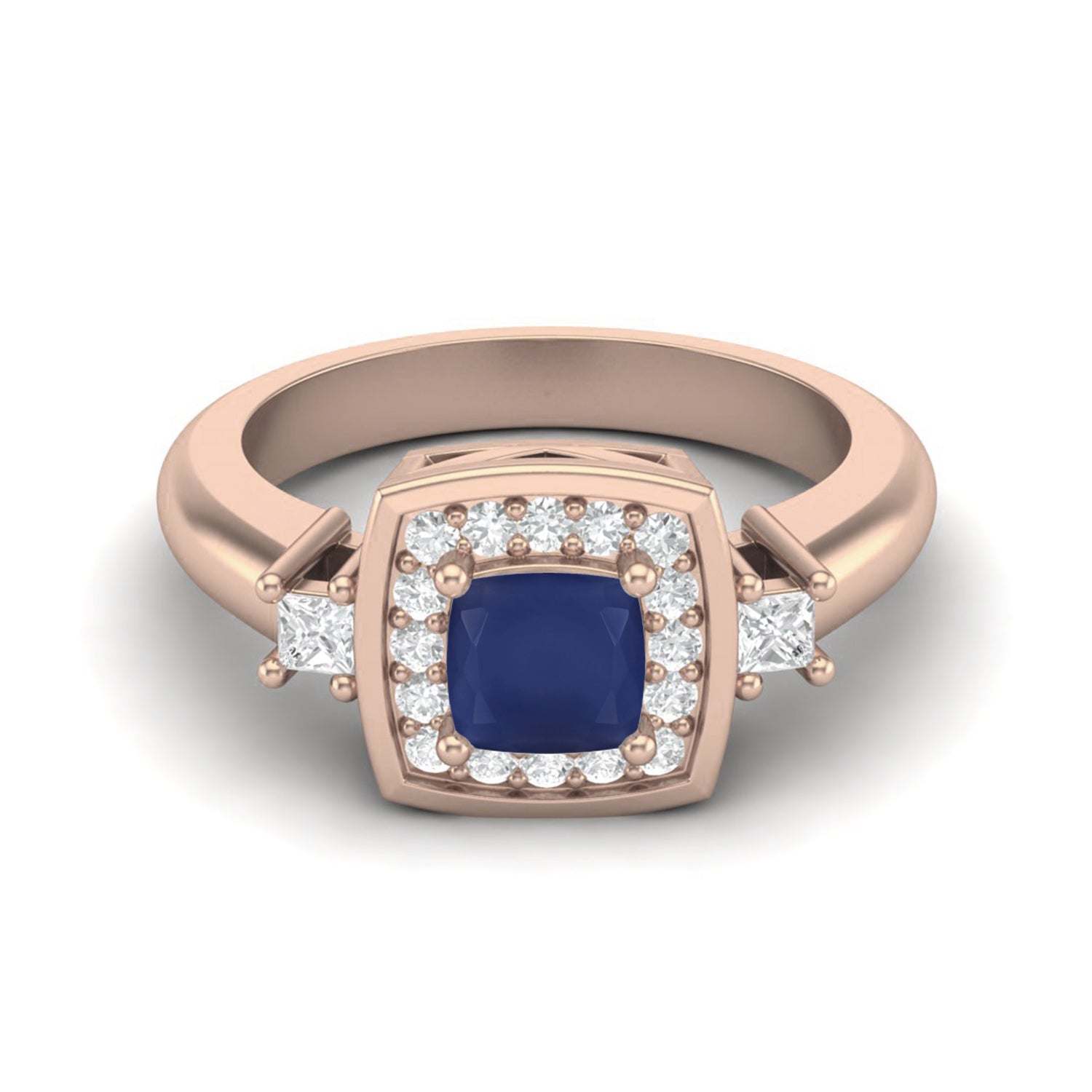 Blue Sapphire Cushion 0.75 Ct Halo Side Accents Ring – 14k Yellow Gold