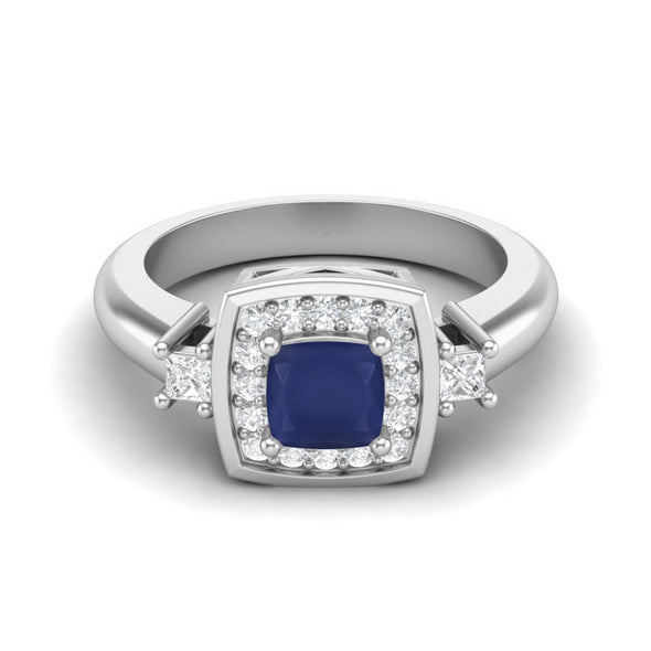 Cushion Cut Blue Sapphire Ring 925 Sterling Silver Accent Side Stone Dainty Wedding