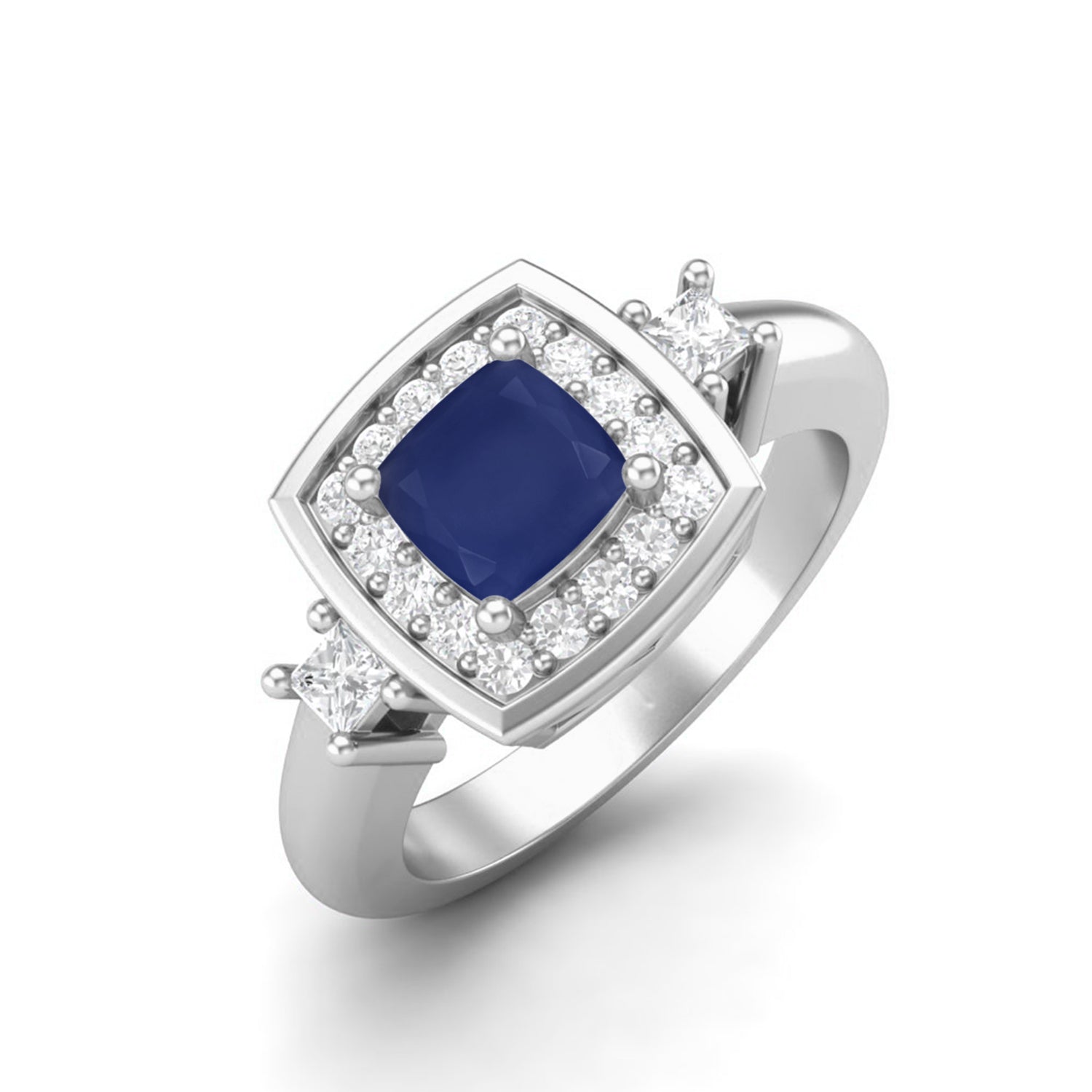 Blue Sapphire Halo Princess Accent Ring – Sterling Silver