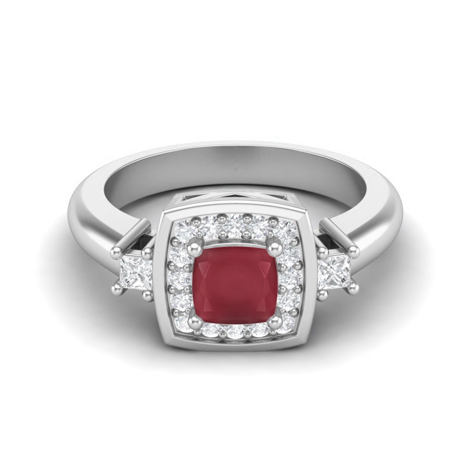Ruby 0.75 Ct Cushion Halo Side Stone  Ring – 14K Yellow Gold