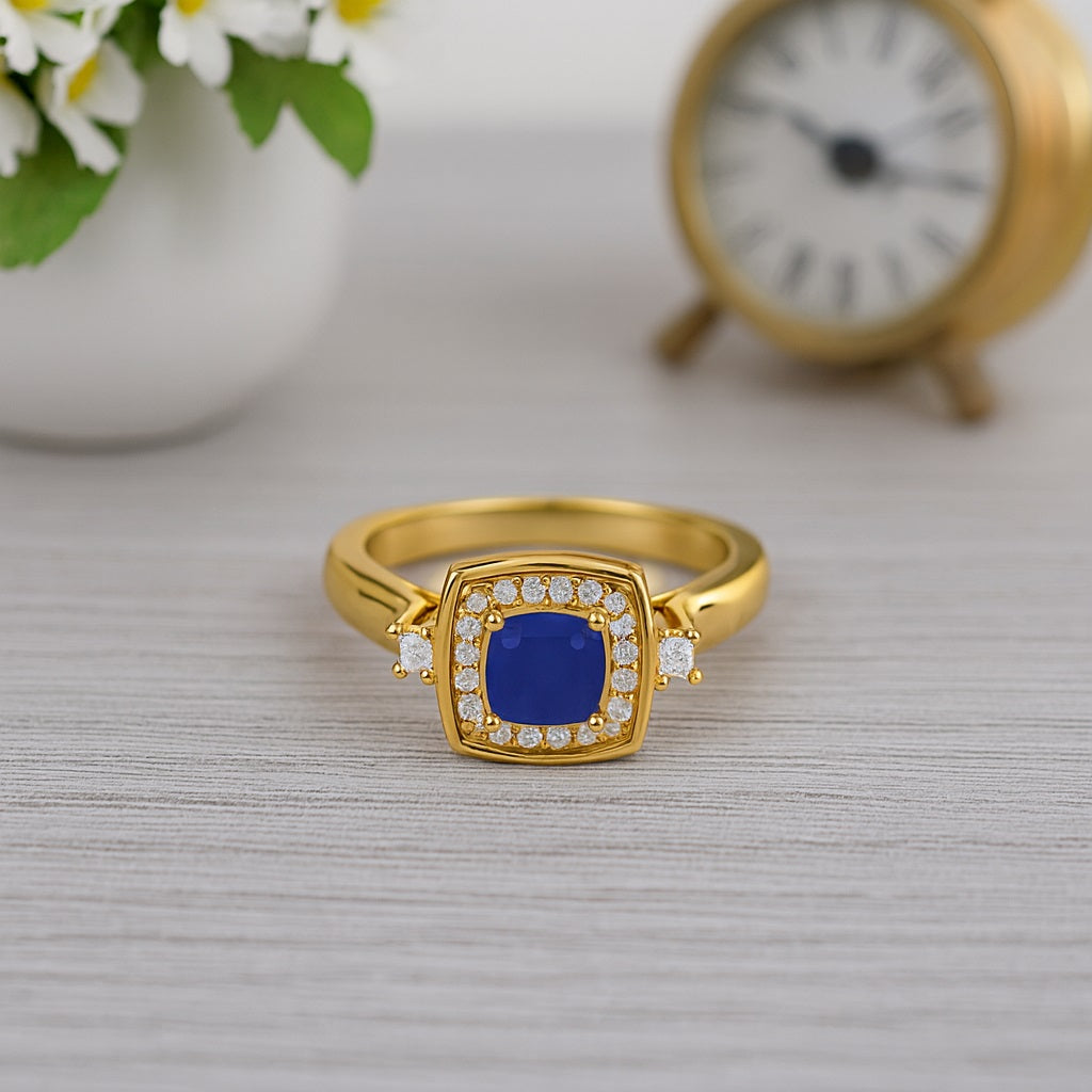 Blue Sapphire Cushion 0.75 Ct Halo Side Accents Ring – 14k Yellow Gold