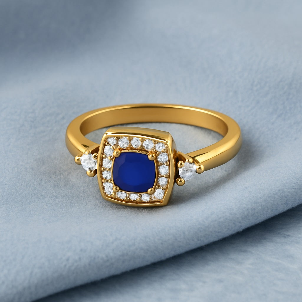 Blue Sapphire Cushion 0.75 Ct Halo Side Accents Ring – 14k Yellow Gold