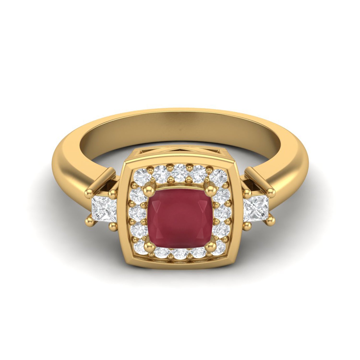 Ruby 0.75 Ct Cushion Halo Side Stone  Ring – 14K Yellow Gold