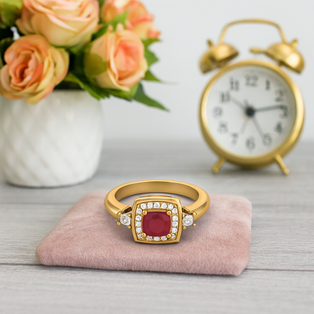 Ruby 0.75 Ct Cushion Halo Side Stone  Ring – 14K Yellow Gold