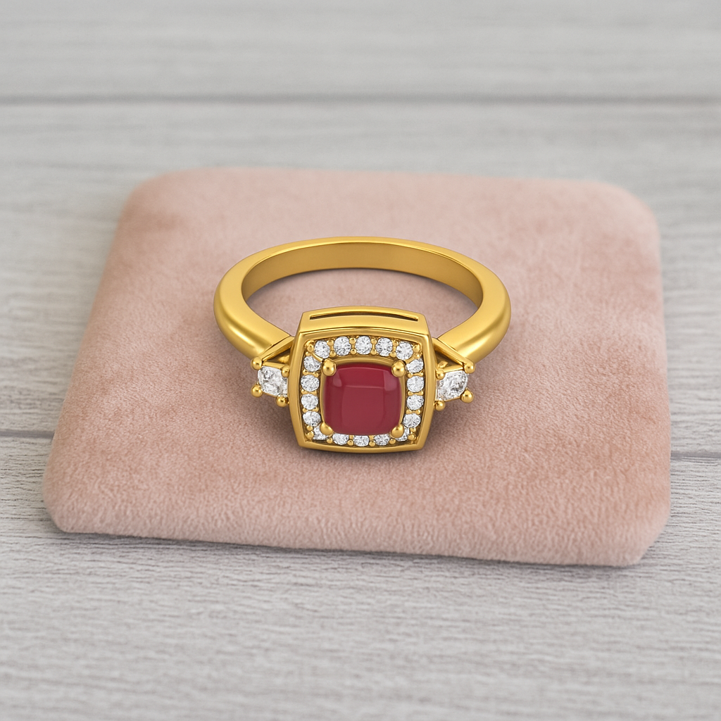 Ruby 0.75 Ct Cushion Halo Side Stone  Ring – 14K Yellow Gold