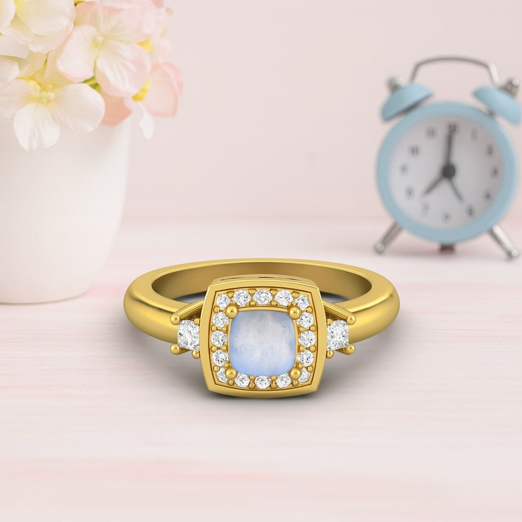 Moonstone Cushion Halo Accents Ring - Sterling Silver