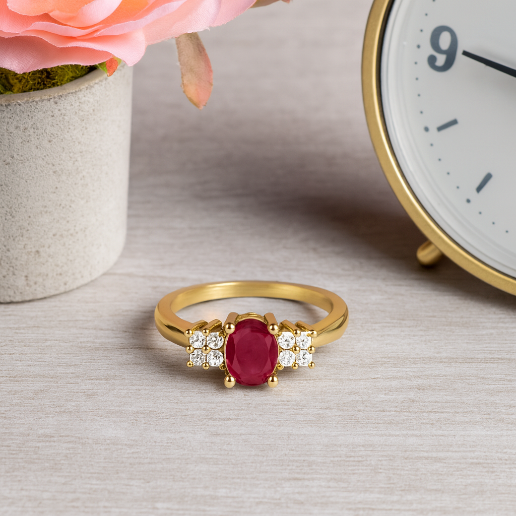 Ruby0.25 Ct Oval Solitaire Side Accent Ring – 14K Yellow Gold