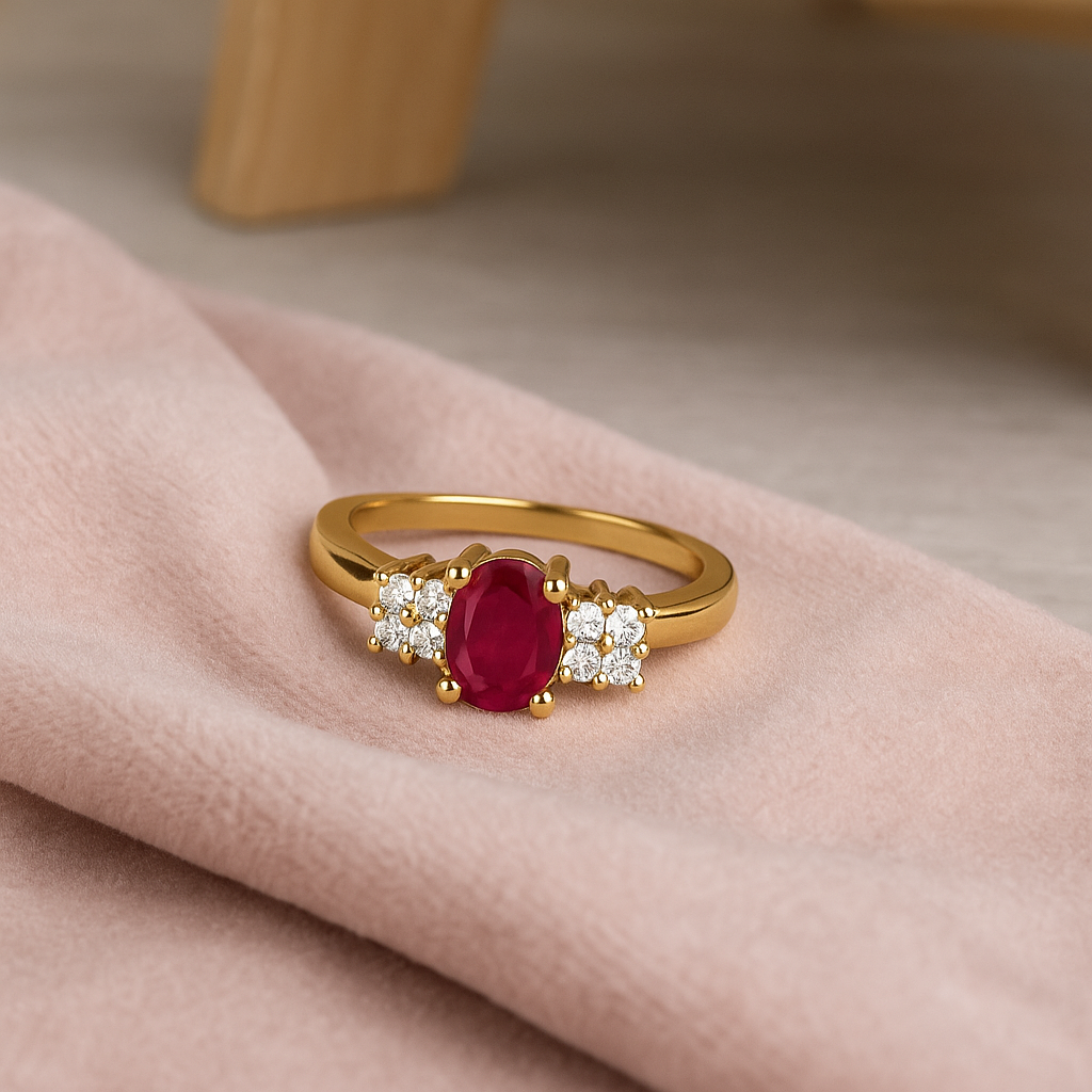 Ruby0.25 Ct Oval Solitaire Side Accent Ring – 14K Yellow Gold