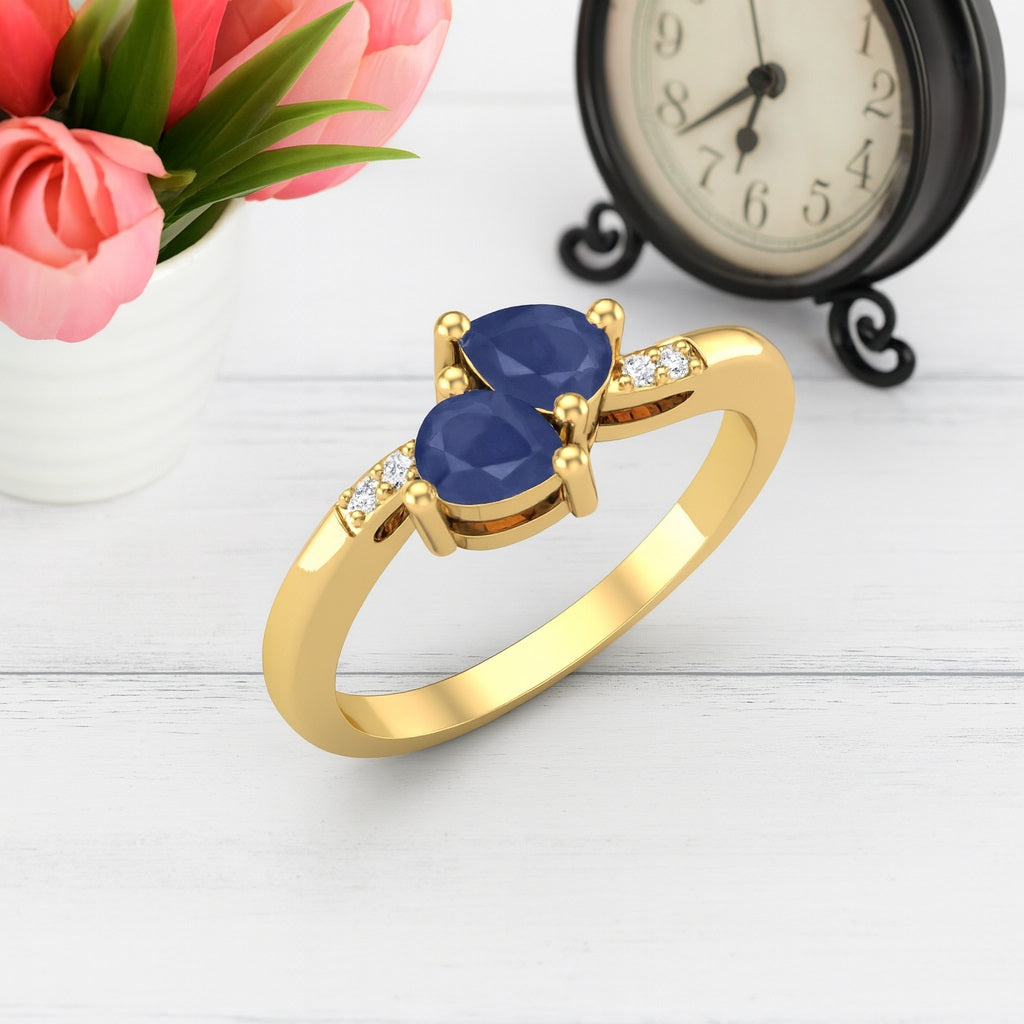 Blue Sapphire 0.30 Ct Pear Twin Stone Accent Ring – 14k Yellow Gold