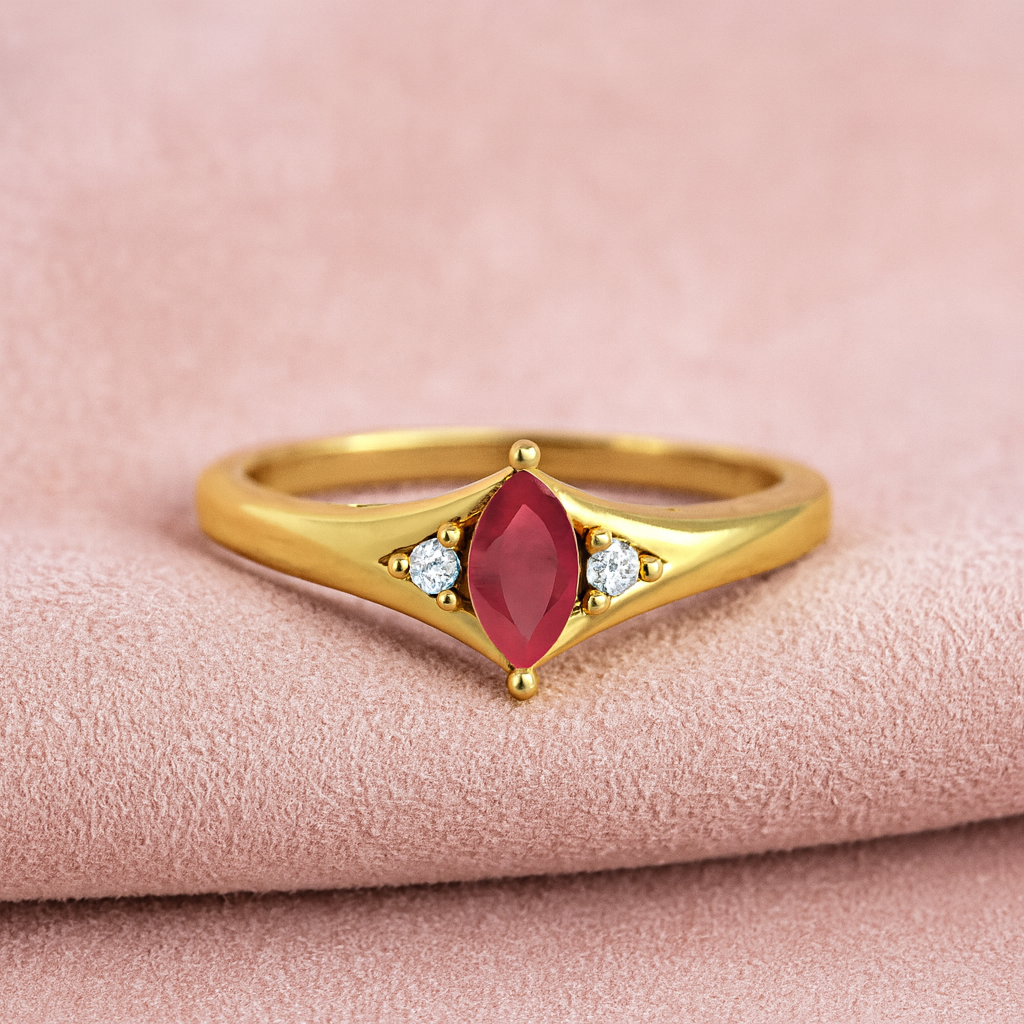 Ruby 0.25 Ct Marquise Elegant V-Cut Three Stone Ring – 14K Yellow Gold