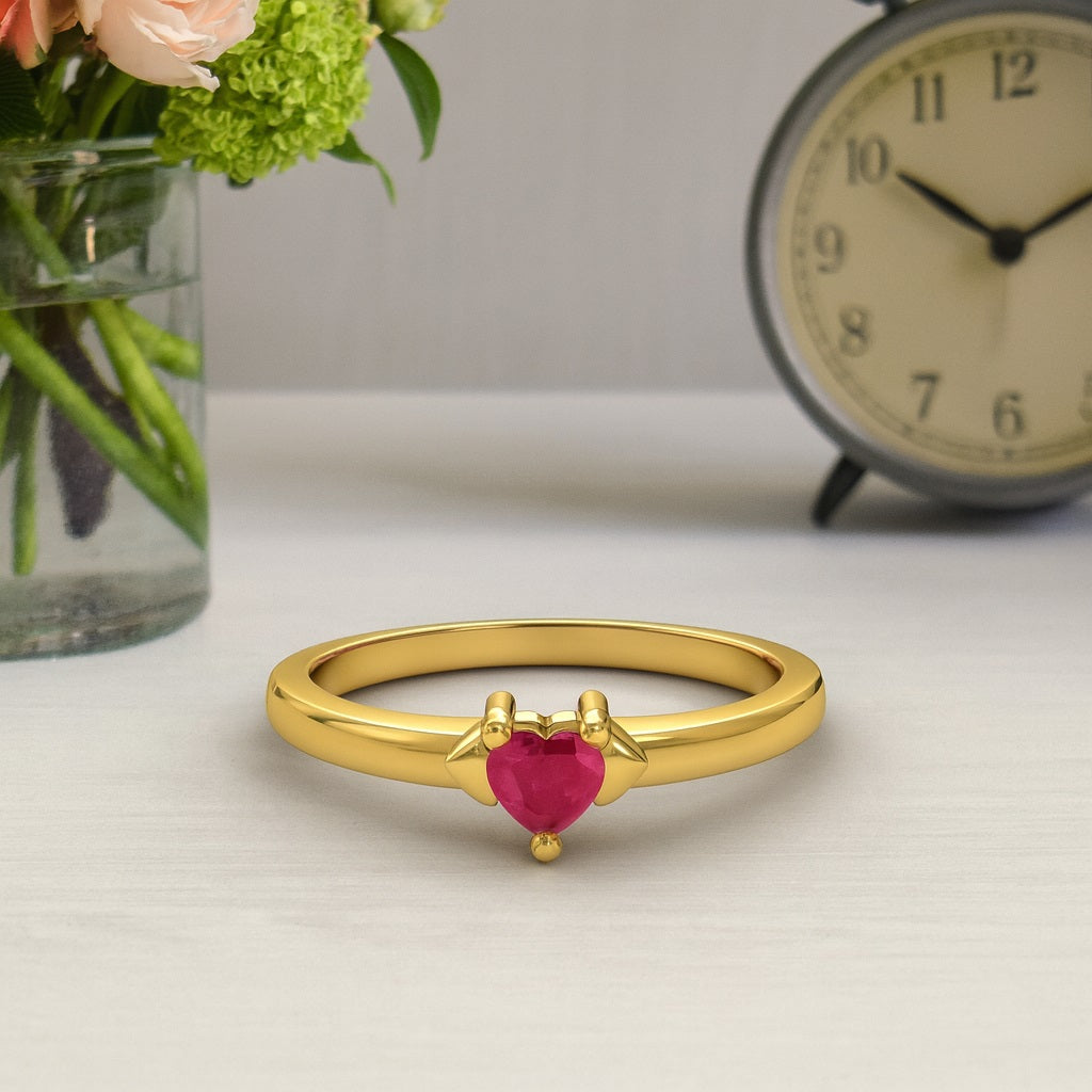 Ruby 0.10 Ct Heart Minimalist Love Ring – 14K Yellow Gold