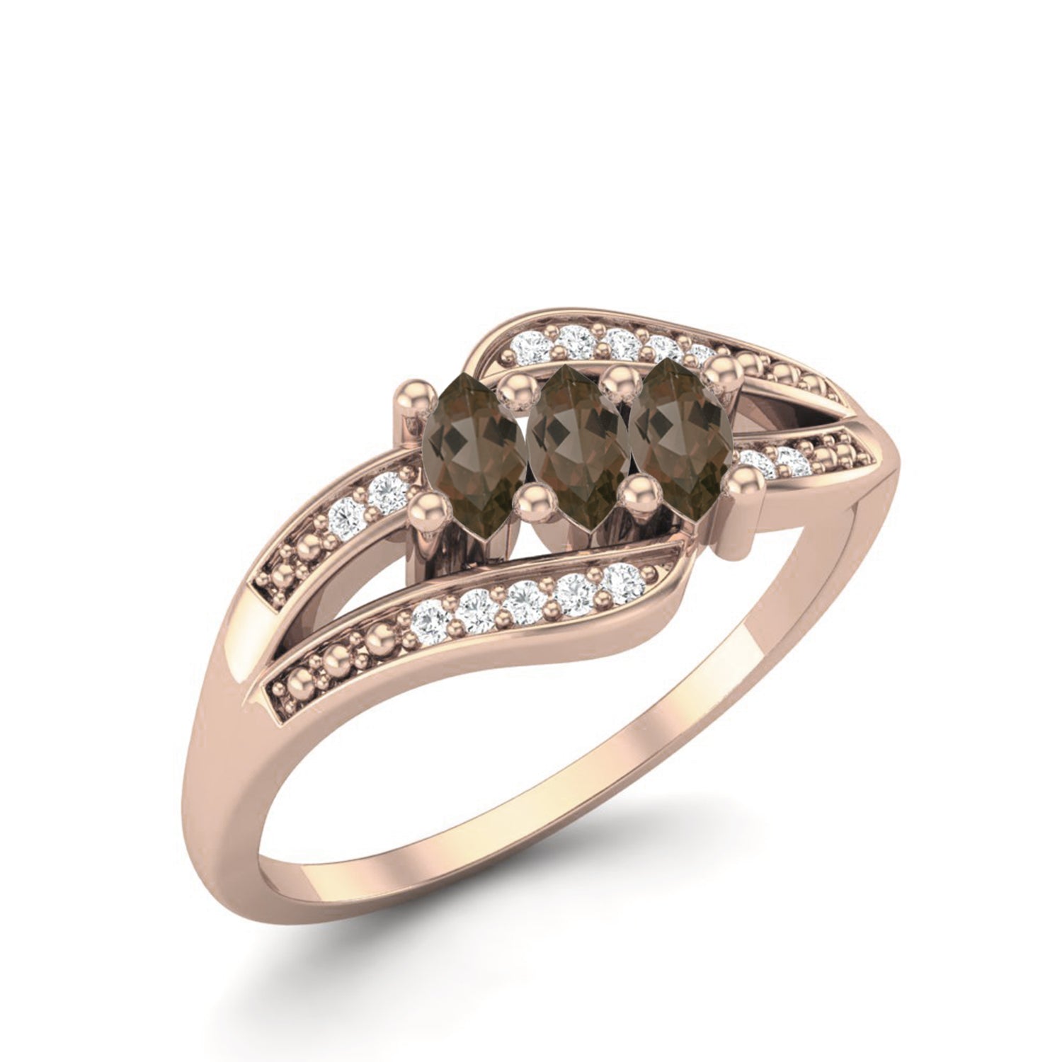 14K Yellow Gold  Smoky Quartz 0.30 Ct Marquise Triple Stone with Accents Ring