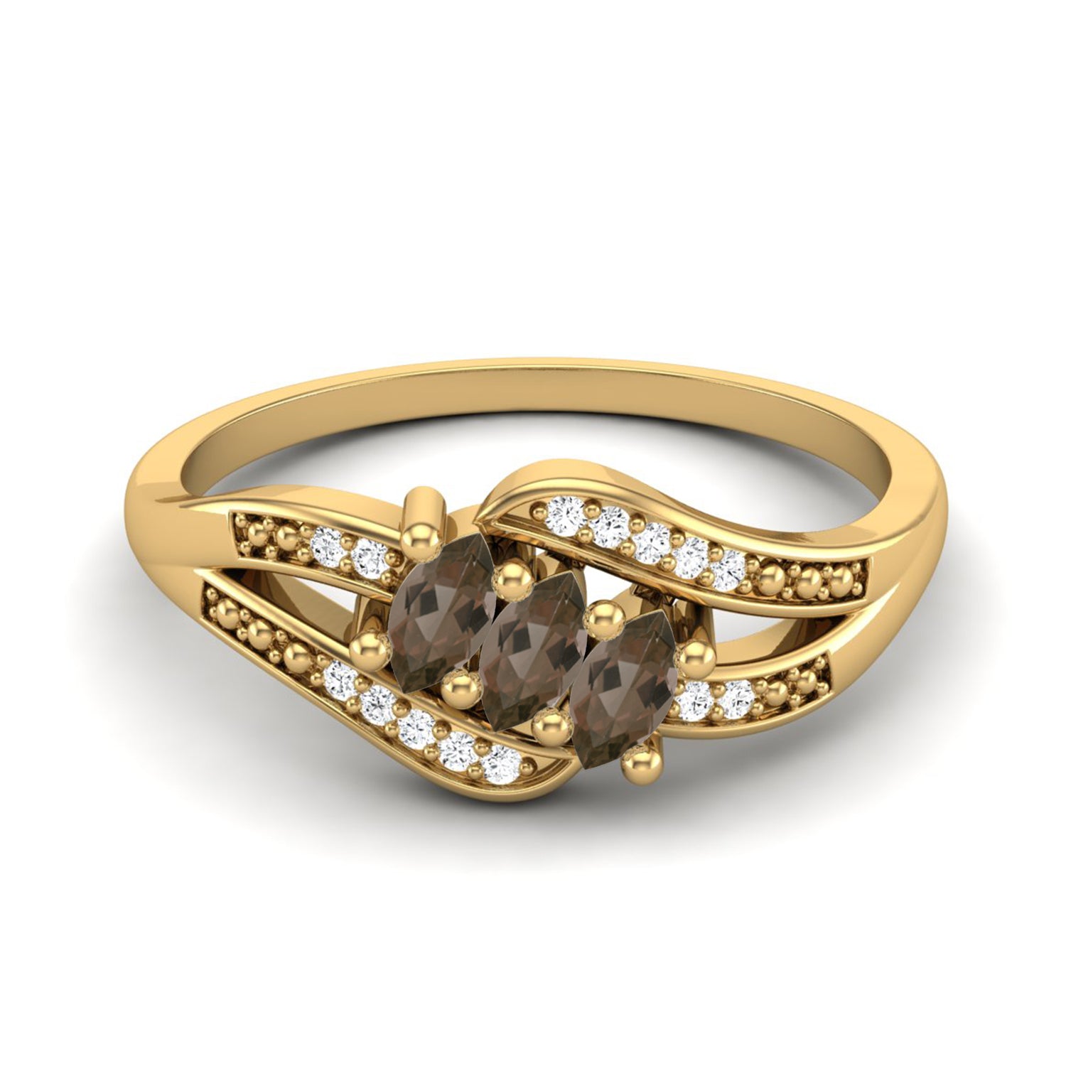 14K Yellow Gold  Smoky Quartz 0.30 Ct Marquise Triple Stone with Accents Ring