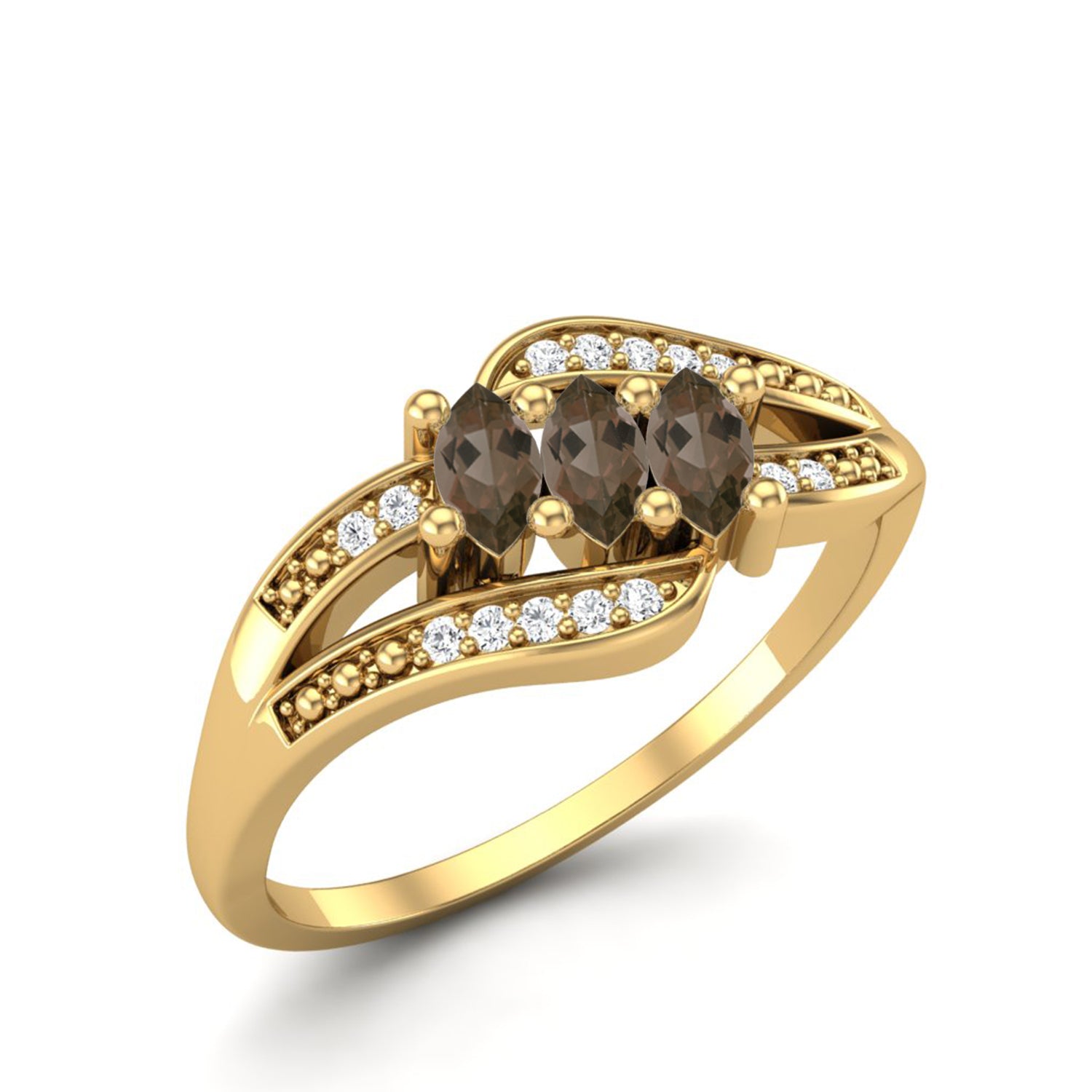 14K Yellow Gold  Smoky Quartz 0.30 Ct Marquise Triple Stone with Accents Ring