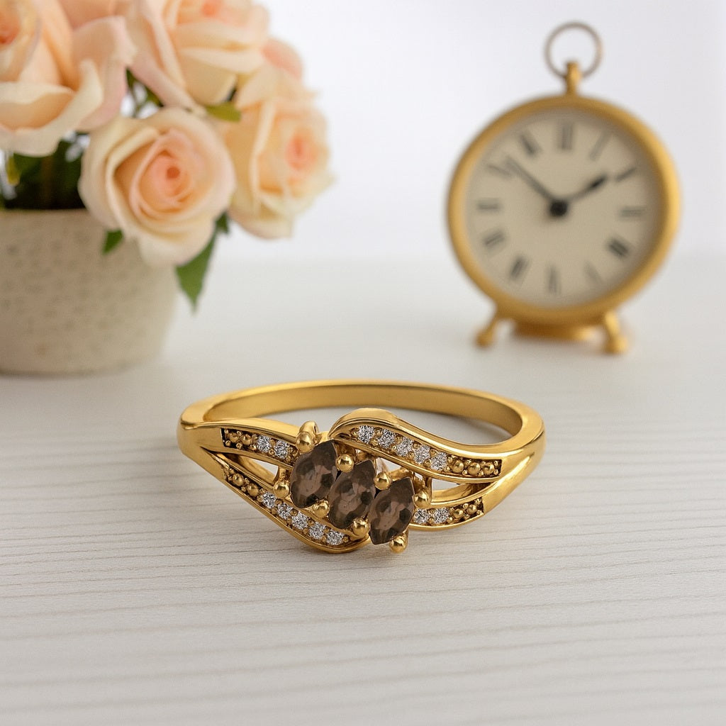14K Yellow Gold  Smoky Quartz 0.30 Ct Marquise Triple Stone with Accents Ring