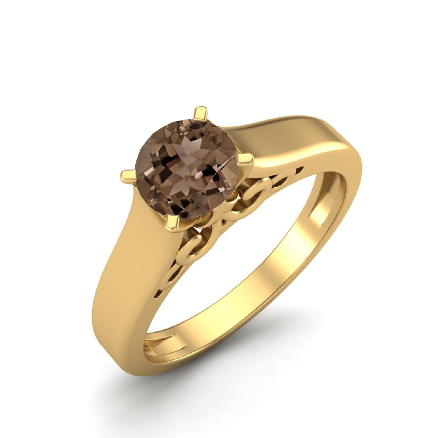 Smoky Quartz 0.65 Ct Round Vintage Inspired Solitaire Ring – 14k Yellow Gold