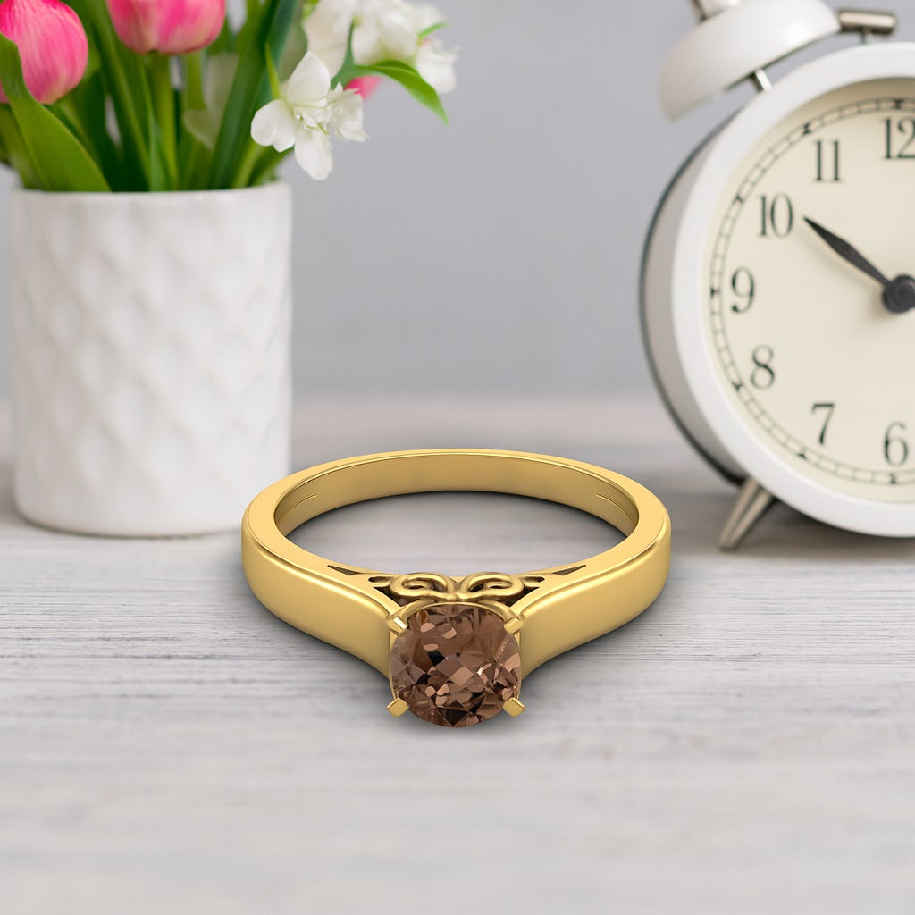 Smoky Quartz 0.65 Ct Round Vintage Inspired Solitaire Ring – 14k Yellow Gold