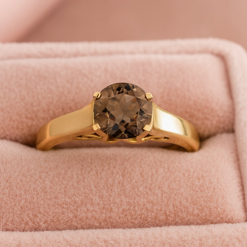 Smoky Quartz 0.65 Ct Round Vintage Inspired Solitaire Ring – 14k Yellow Gold