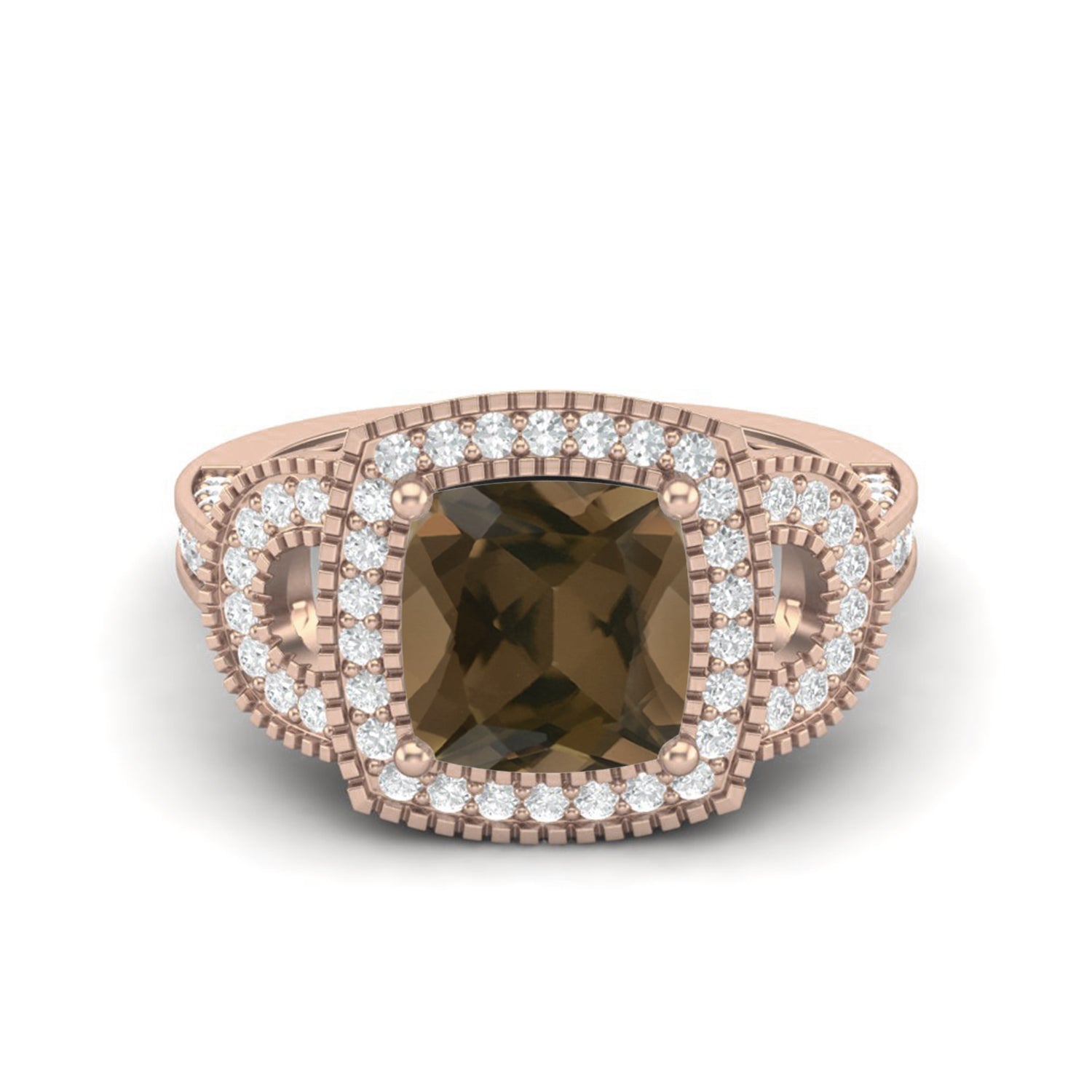 Smoky Quartz 2.90 Ct Cushion Cut Double Halo Ring – 14K Yellow Gold