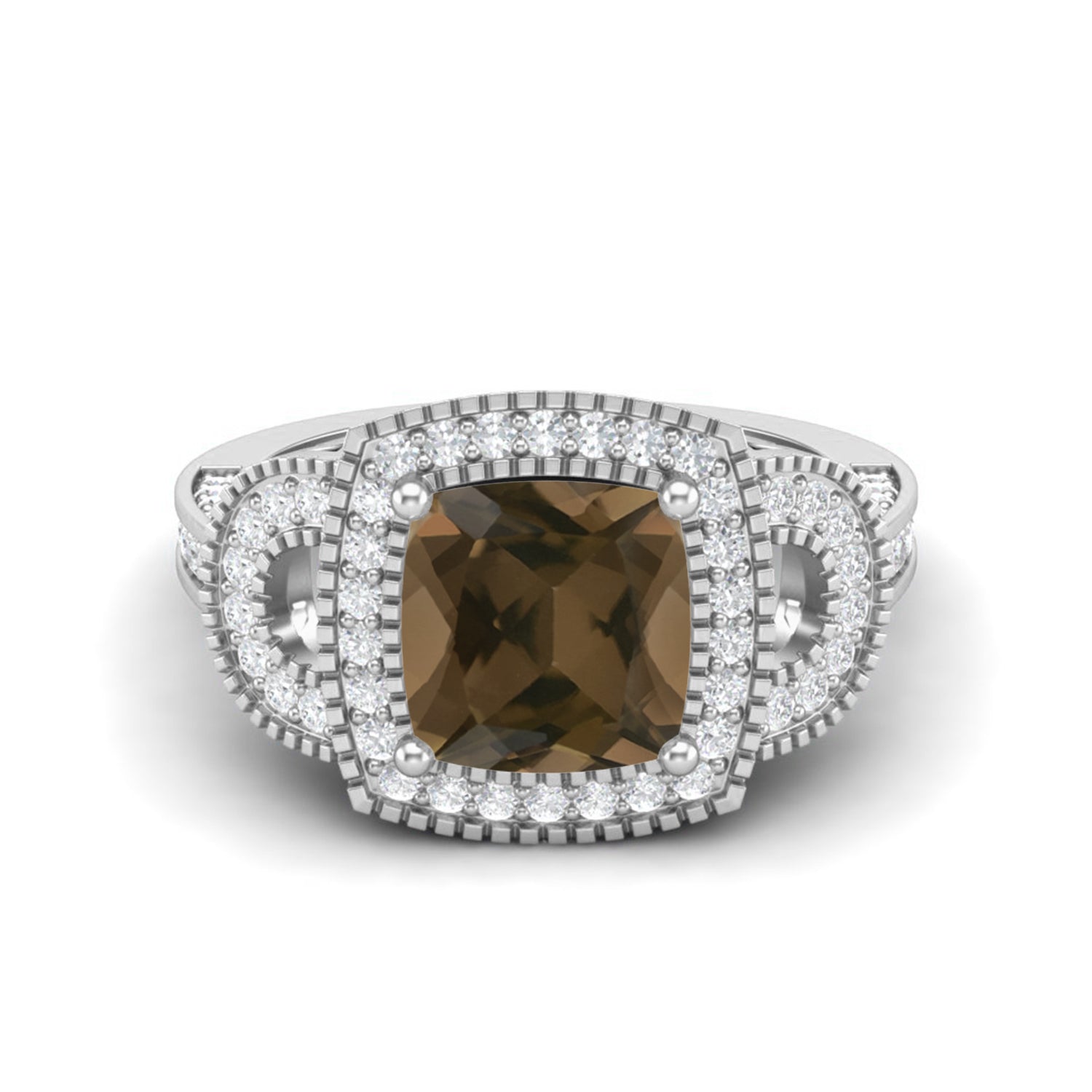Smoky Quartz 2.90 Ct Cushion Cut Double Halo Ring – 14K Yellow Gold