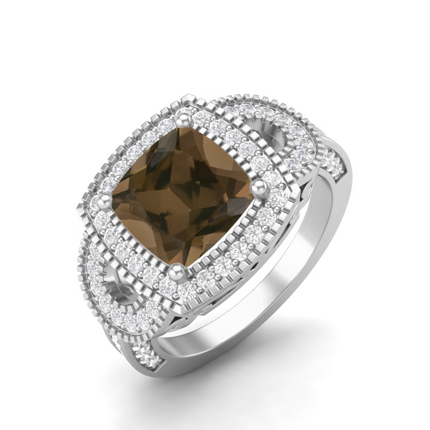Smoky Quartz 2.90 Ct Cushion Cut Double Halo Ring – 14K Yellow Gold