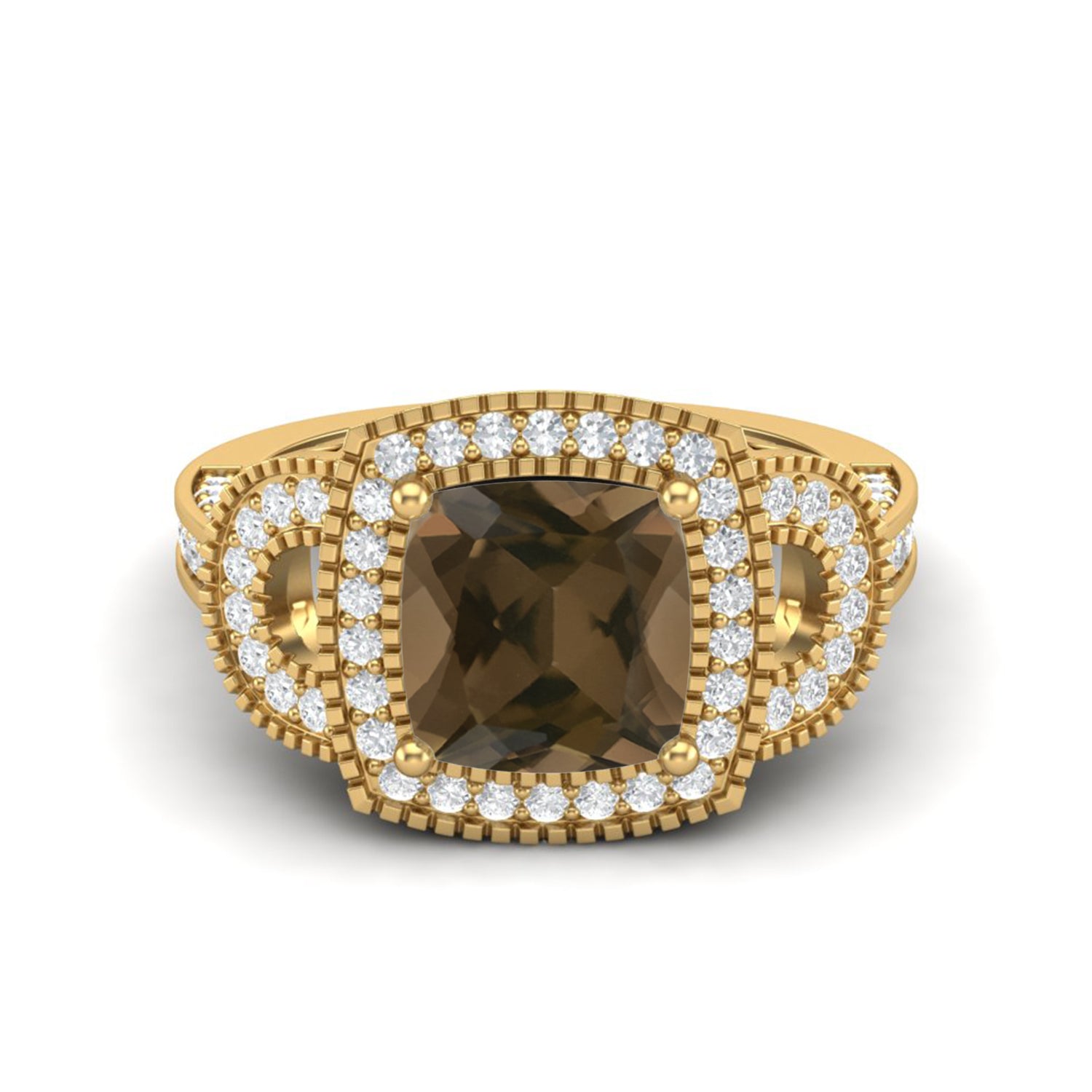 Smoky Quartz 2.90 Ct Cushion Cut Double Halo Ring – 14K Yellow Gold