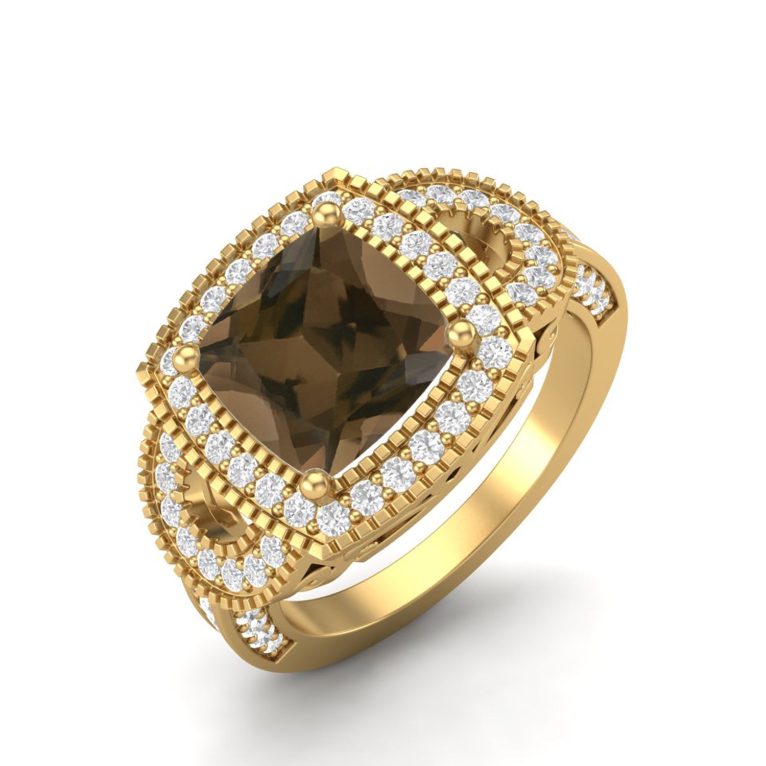 Smoky Quartz 2.90 Ct Cushion Cut Double Halo Ring – 14K Yellow Gold