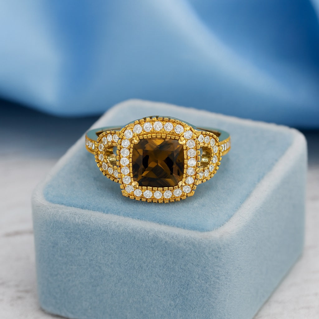 Smoky Quartz 2.90 Ct Cushion Cut Double Halo Ring – 14K Yellow Gold