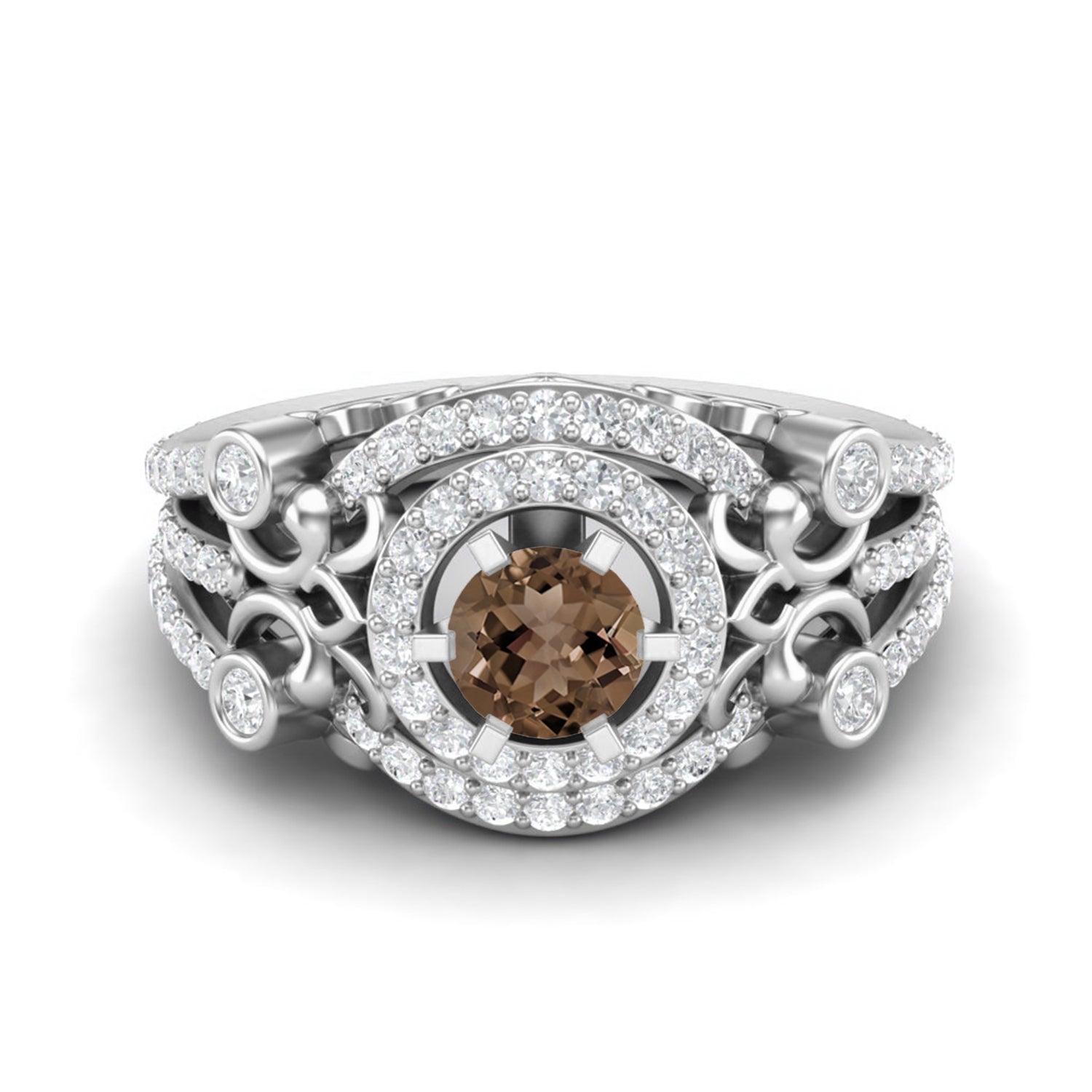 Smoky Quartz 0.65 Ct Round Vintage Inspired Halo Ring – 14K Yellow Gold