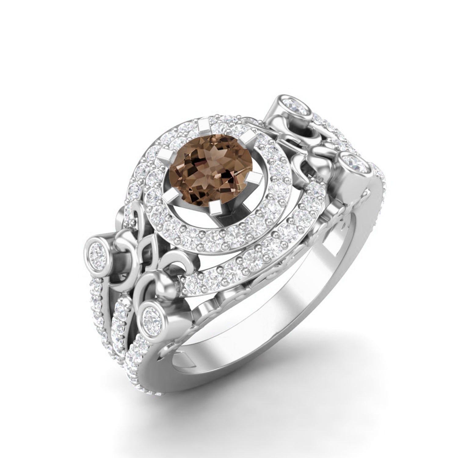 Smoky Quartz 0.65 Ct Round Vintage Inspired Halo Ring – 14K Yellow Gold