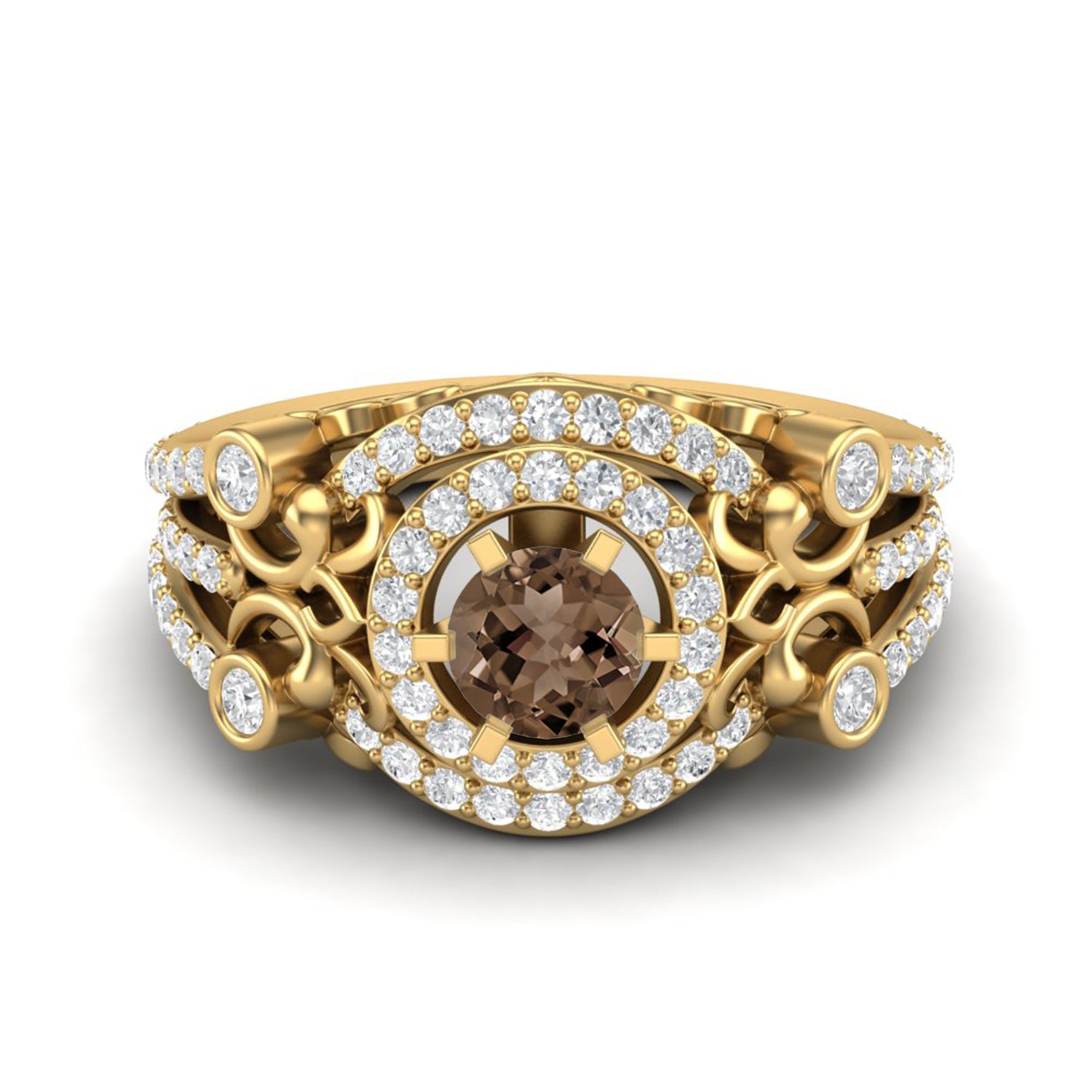 Smoky Quartz 0.65 Ct Round Vintage Inspired Halo Ring – 14K Yellow Gold
