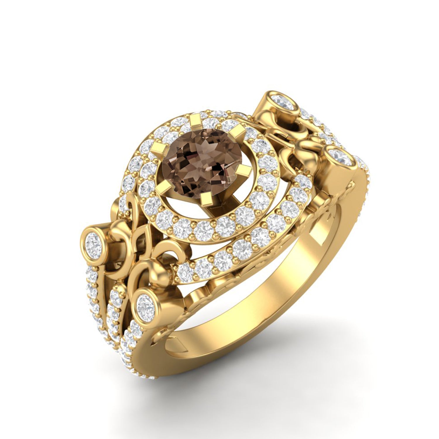 Smoky Quartz 0.65 Ct Round Vintage Inspired Halo Ring – 14K Yellow Gold