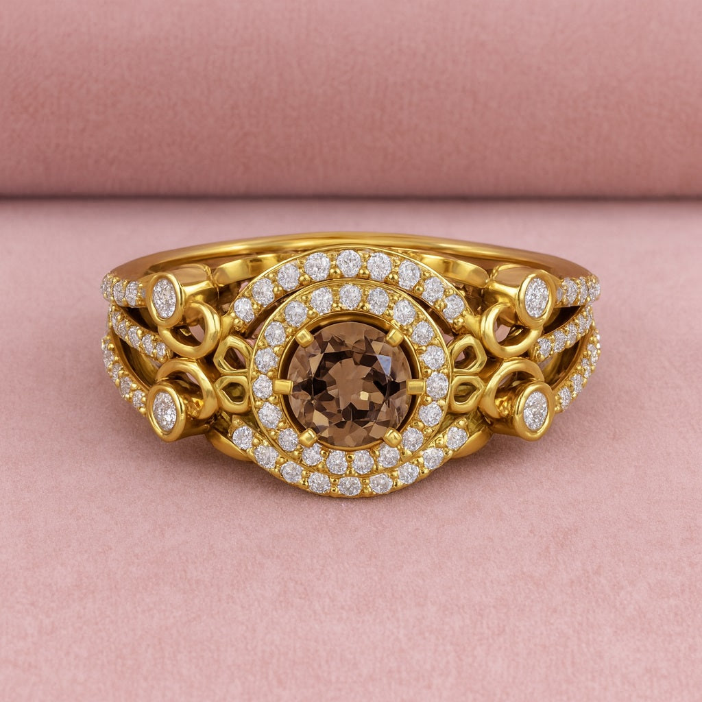 Smoky Quartz 0.65 Ct Round Vintage Inspired Halo Ring – 14K Yellow Gold