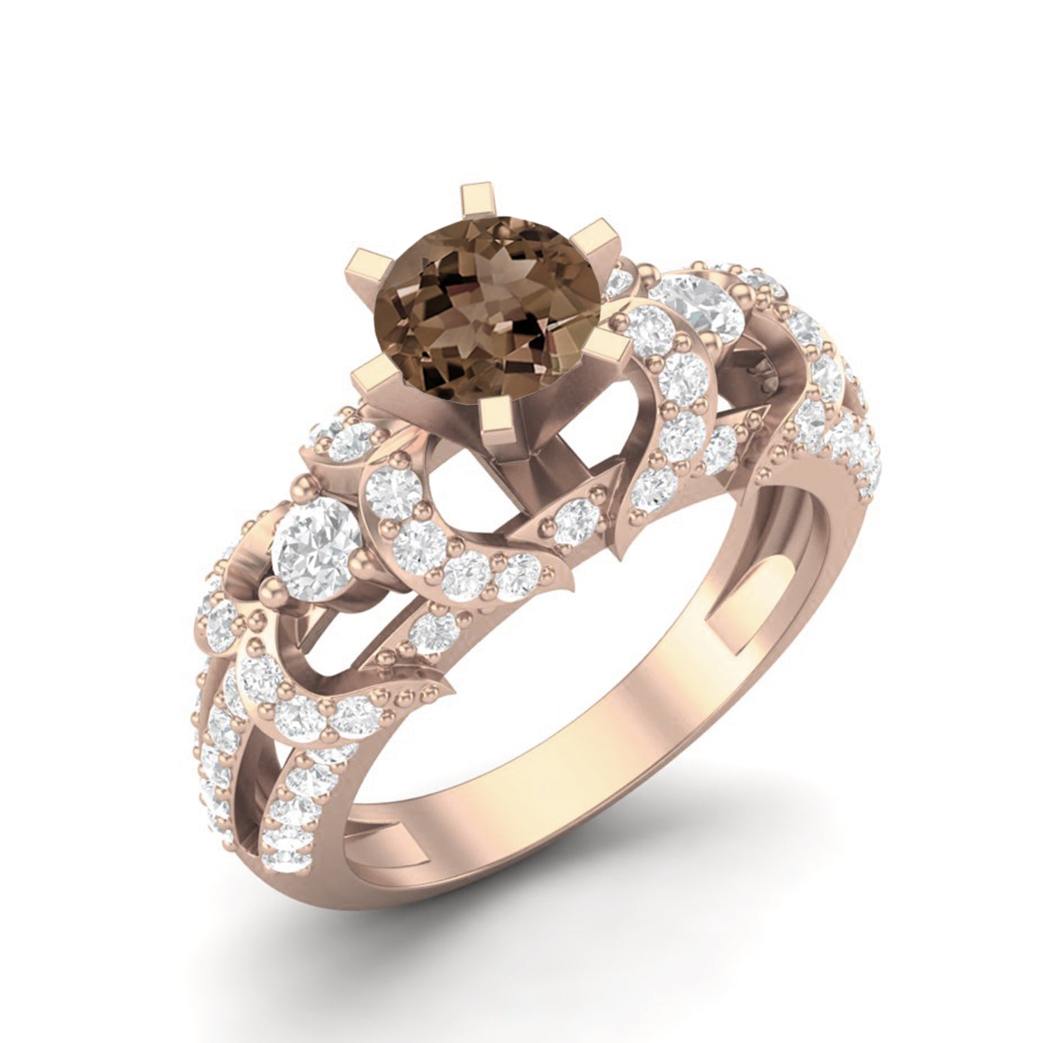 Smoky Quartz 0.65 Ct Round Split Shank Ring – 14K Yellow Gold