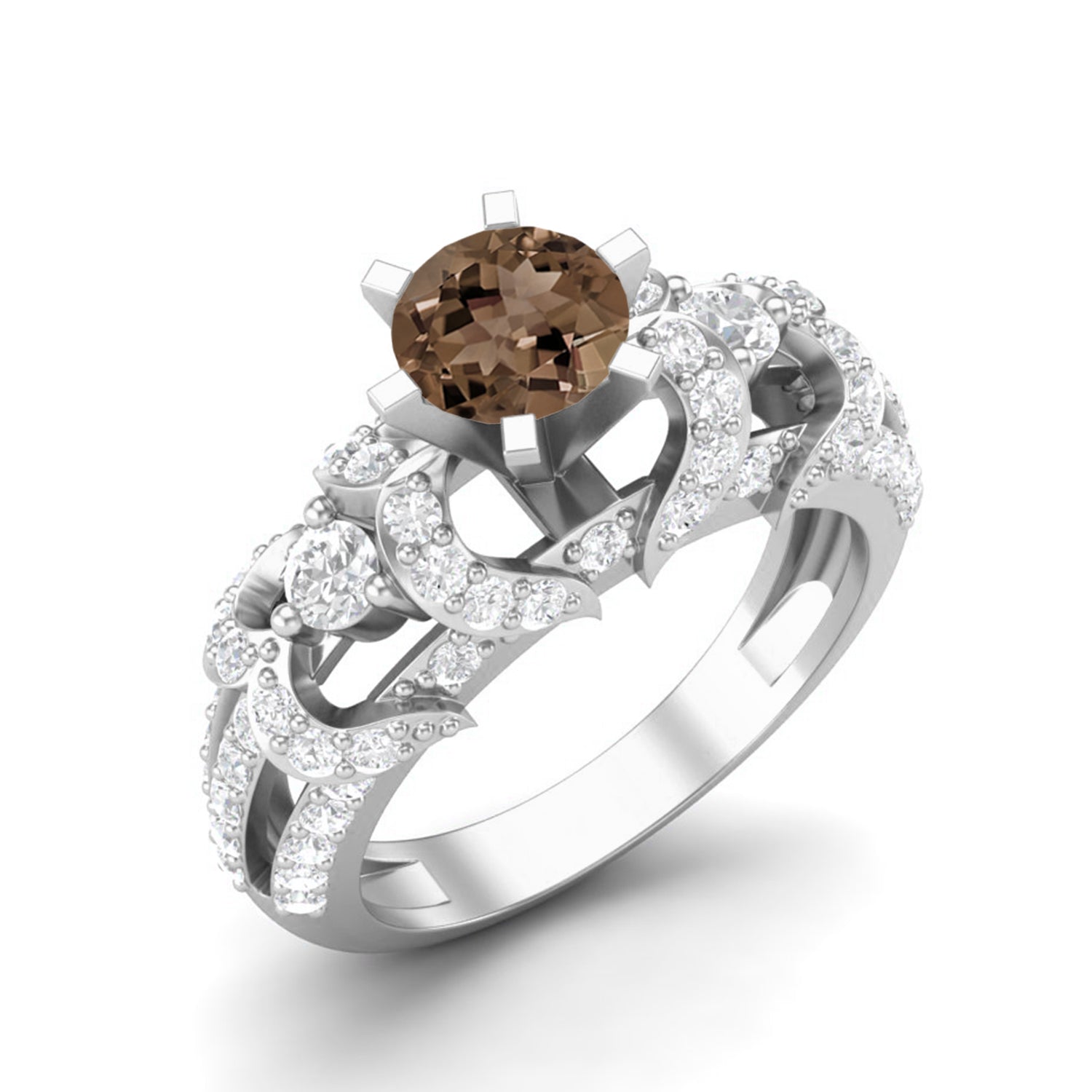 Smoky Quartz 0.65 Ct Round Split Shank Ring – 14K Yellow Gold