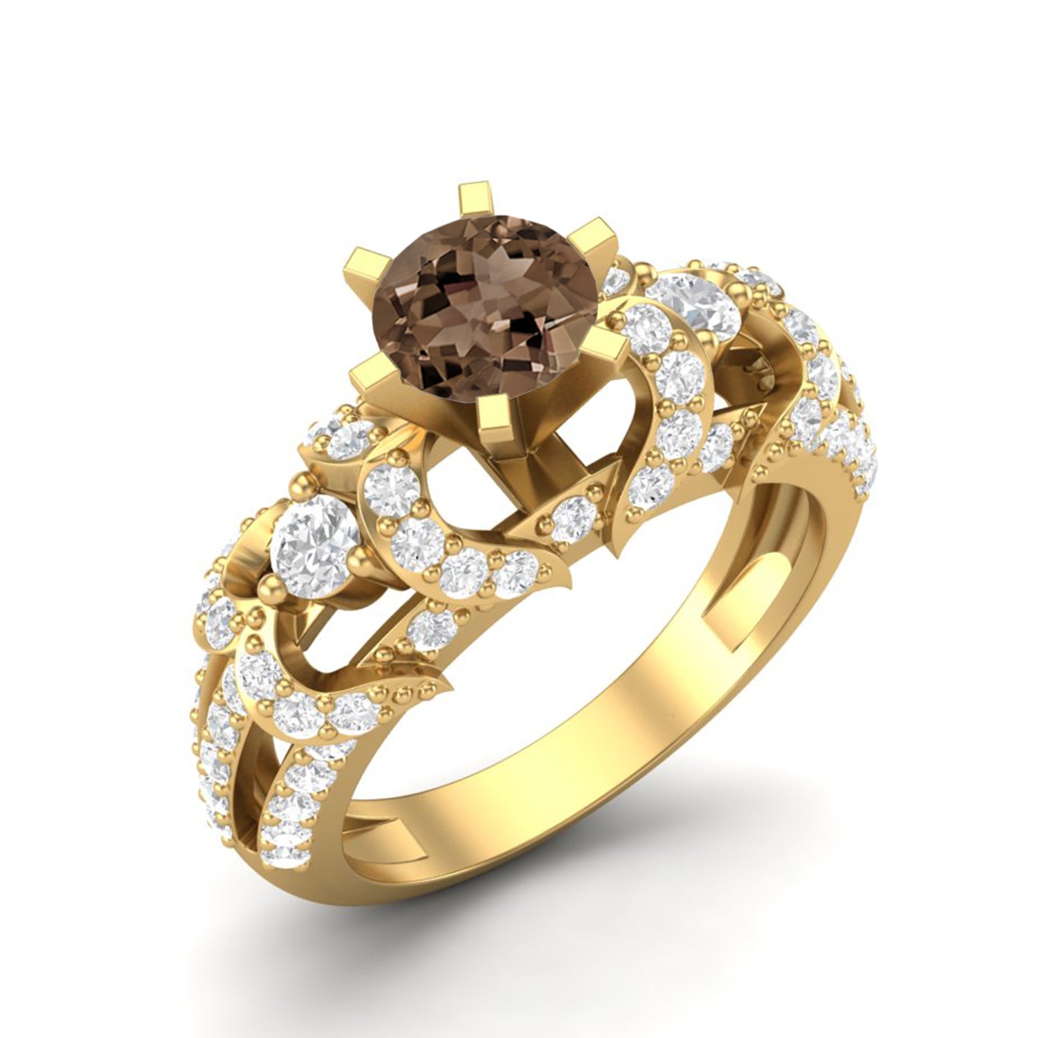 Smoky Quartz 0.65 Ct Round Split Shank Ring – 14K Yellow Gold