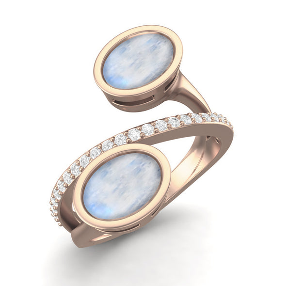 Oval Shaped Moonstone Boho Engagement Ring 925 Sterling Silver Bypass Ring For Women