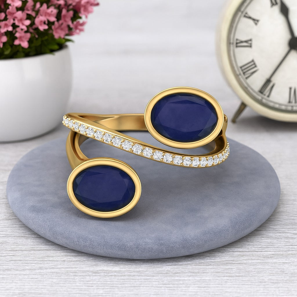Blue Sapphire 2.00 Ct Oval Double Stone Bypass Ring – 14k Yellow Gold