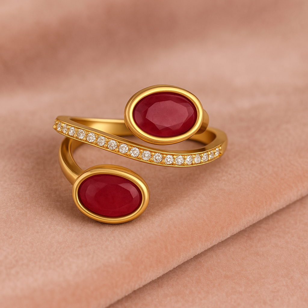 Ruby 2.00 Ct Oval Double Stone Open Bypass Ring – 14K Yellow Gold